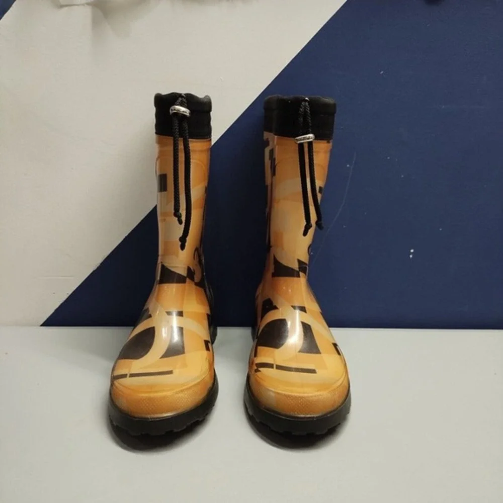 Salvatore Ferragamo Mid-Calf Rain Boots Womens‎ 7 Brown Logo Rubber Sole Pull On